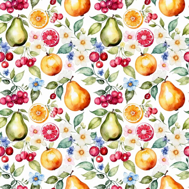 Foto padrão floral sem costuras com frutas, bagas e flores