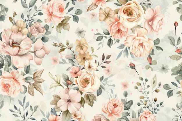 Foto padrão floral sem costuras com rosas cor-de-rosa e folhas verdes em fundo branco