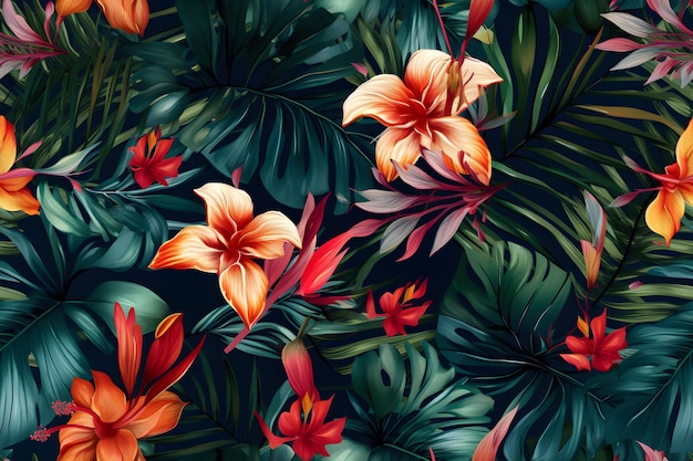 Padrão floral tropical colorido sem costura ilustração generativa ai