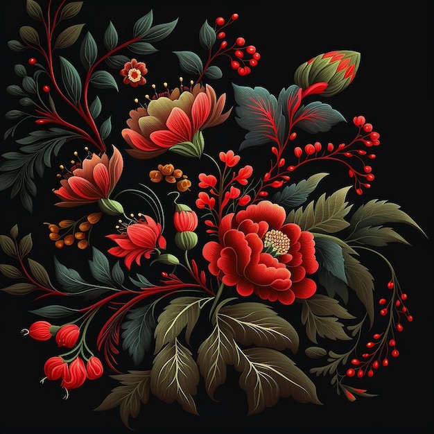 Padrão floral ucraniano de flores fundo preto cor vermelha AI Generated Image