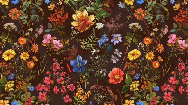 Padrão floral vintage em muitos tipos de flores Motivo botânico tropical espalhado aleatoriamente Textura moderna sem costura Impressões de moda Desenhadas à mão em fundo castanho elegante