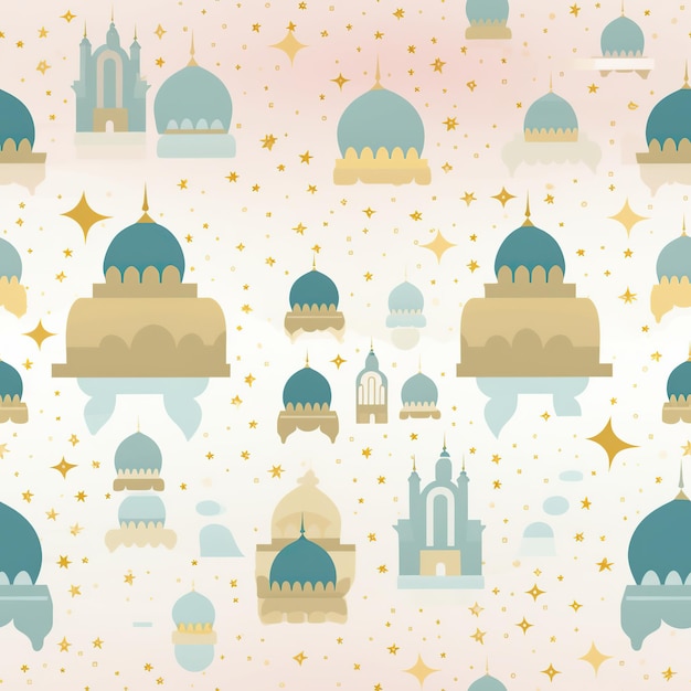 Padrão islâmico sem costura colorido com mesquita e estrelas para o Ramadan Kareem