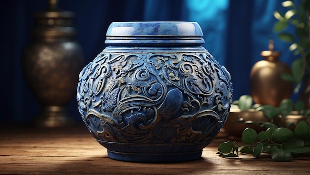 Foto padrão jarrinha de barro antiga decoração ornamentada azul