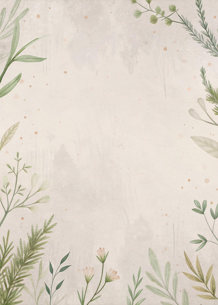 Foto padrão minimalista com ervas medicinais e folhas pastel claras em fundo de textura pálida