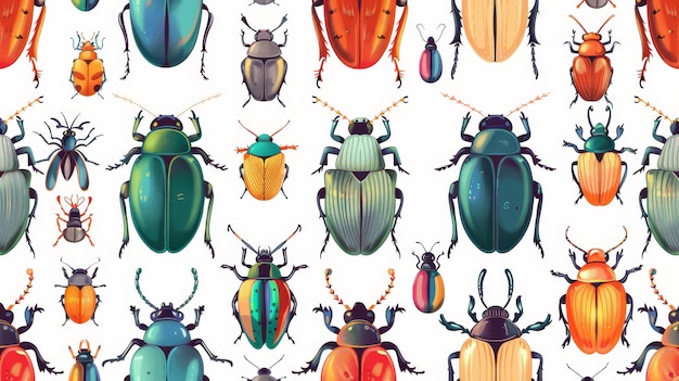 Padrão moderno sem costura de besouros Espécies coloridas de fauna de verão em fundo de natureza interminável Design de textura para tecidos tecidos embrulhos papel de parede