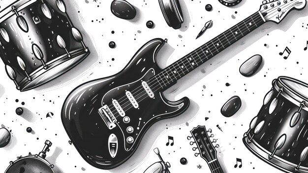 Foto padrão musical preto e branco de guitarras e tambores em um fundo branco