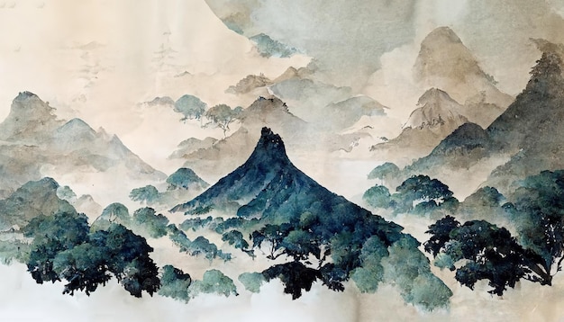 Padrão oriental de aquarela tradicional estilo japonês do Monte Fuji Aquarela Adequada