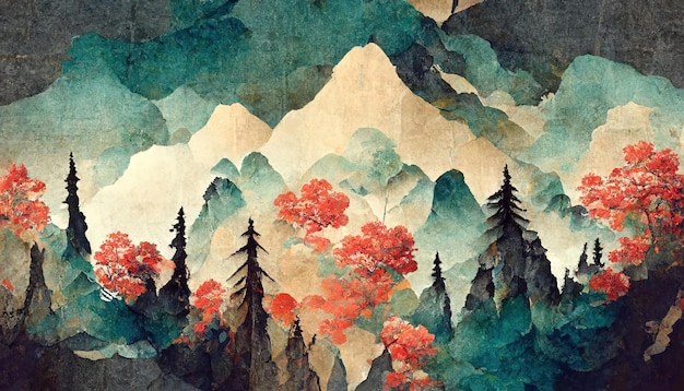 Padrão oriental de aquarela tradicional estilo japonês do Monte Fuji Aquarela Adequada