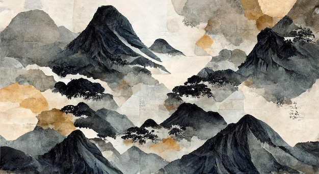 Padrão oriental de aquarela tradicional estilo japonês do Monte Fuji Aquarela Adequada