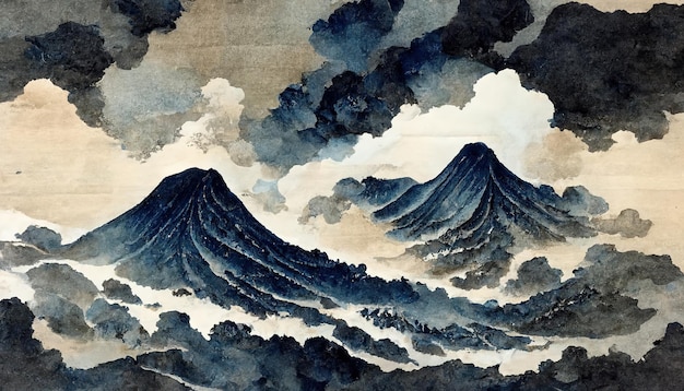 Padrão oriental em aquarela tradicional estilo japonês do Monte Fuji Adequado