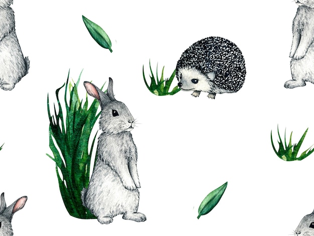 Padrão perfeito Aquarela animais selvagens da floresta ouriço e coelho lebre Ilustração da natureza para design infantil