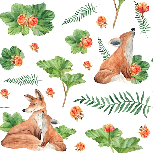 Padrão perfeito com amoras de raposas fofas e galhos verdes Ilustração desenhada à mão em aquarela