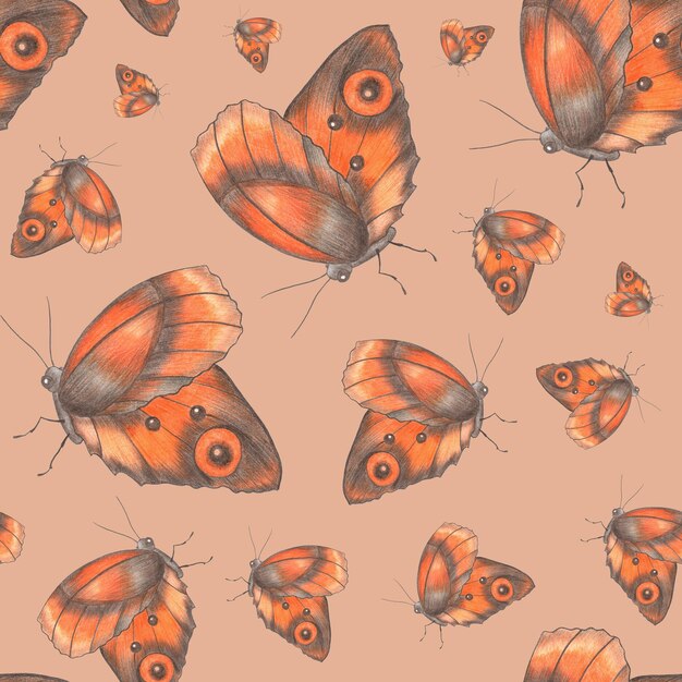 Padrão perfeito com borboletas coloridas desenhadas à mão em papel digital de fundo rosa com borboleta