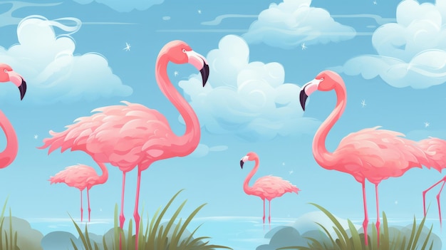 Padrão perfeito com conceito de design de papel de parede de fundo de flamingos de desenho animado