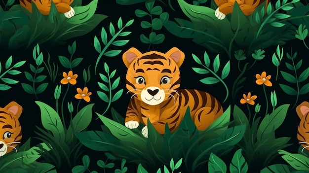 Padrão perfeito com conceito de design de papel de parede de fundo de tigres de desenho animado