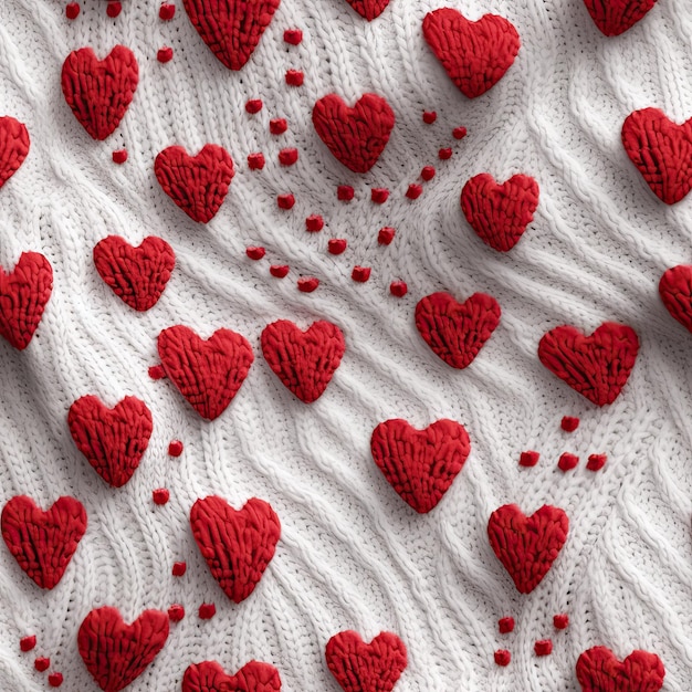 Padrão perfeito com coração vermelho tricotado em design de fundo de papel de parede de textura de lã branca Generative AI