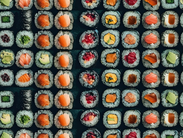 Padrão perfeito com design de fundo de papel de parede de textura de rolos de sushi IA generativa