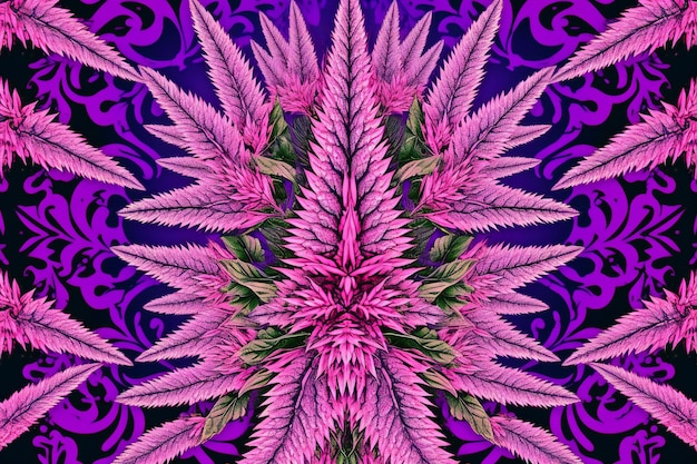 Foto padrão perfeito com flores e folhas de maconha em um fundo escuro