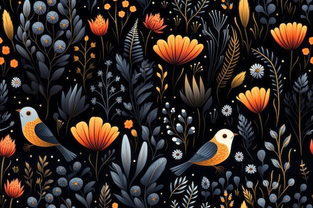 padrão perfeito com flores e pássaros em um fundo preto