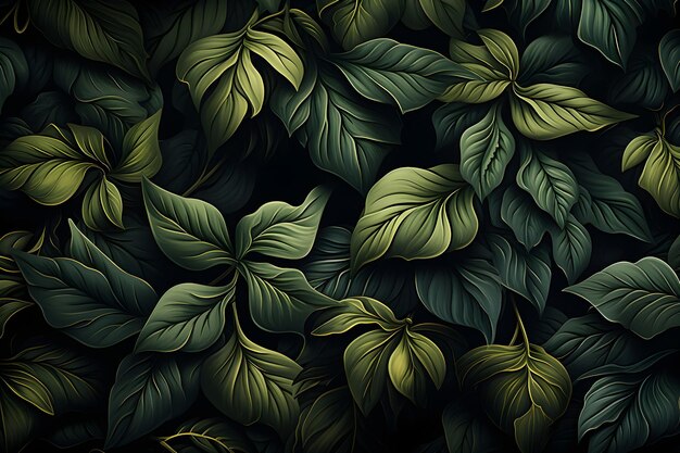 Foto padrão perfeito com folhas verdes em um fundo escuro