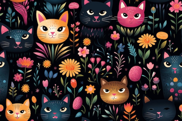 padrão perfeito com gatos e flores em um fundo preto