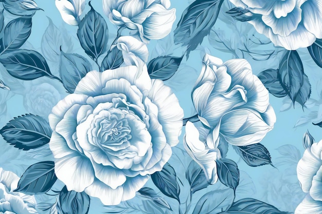 Padrão perfeito com rosas brancas e folhas sobre fundo azul