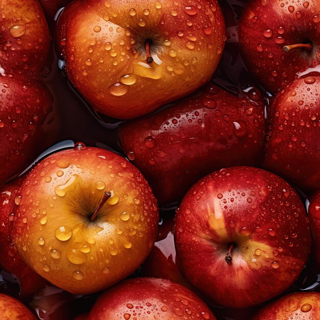 padrão perfeito com um monte de maçãs vermelhas com gotas de água sobre eles