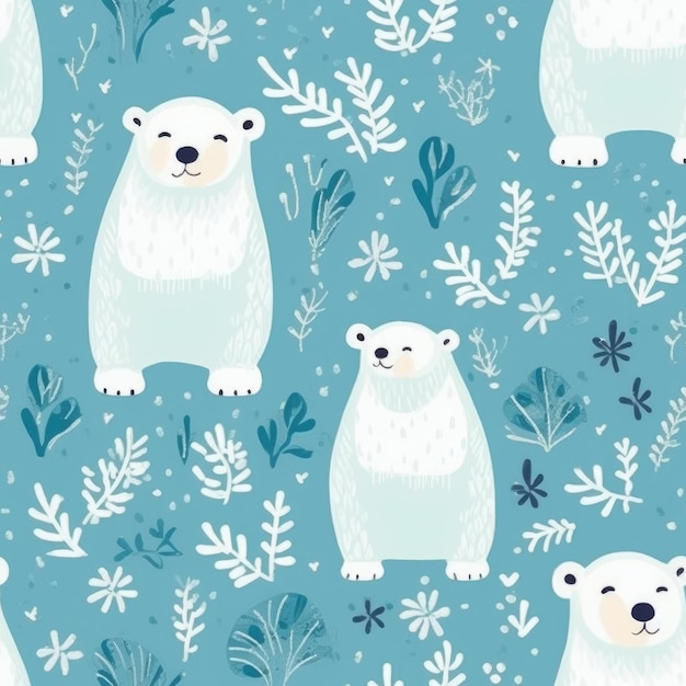 Padrão perfeito com ursos polares em uma ilustração vetorial de fundo azul