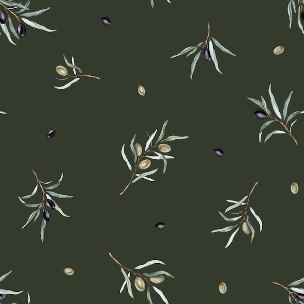 Padrão perfeito de aquarela com azeitonas pretas e verdes e ramo Azeitonas pintadas à mão isoladas em fundo branco Ilustração botânica para tecido de impressão de design ou fundo