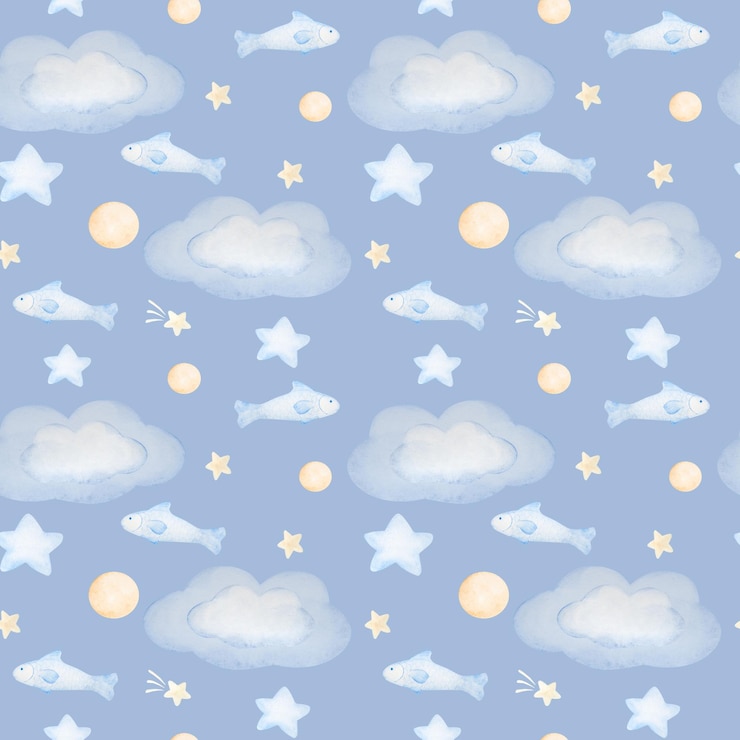 Foto padrão perfeito de aquarela com bolas de peixe e estrelas em cores pastel sobre fundo azul