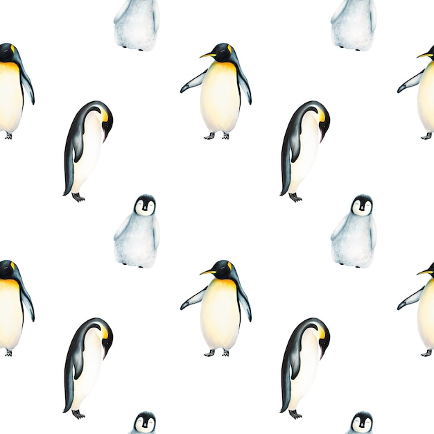 Padrão perfeito de aquarela com família de pinguim-rei isolada Pintura manual realista do Ártico e