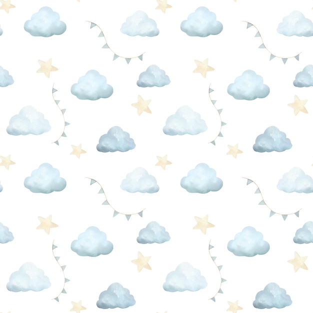 Padrão perfeito de aquarela com nuvens de desenhos animados de contos de fadas fofos vintage e bandeiras azuis e estrelas amarelas com textura de aquarela isolada em fundo branco