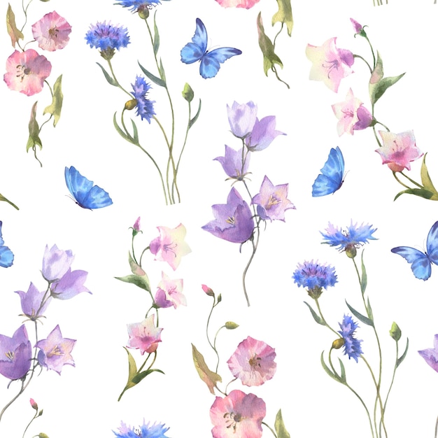 Padrão perfeito de aquarela de flores silvestres, flores silvestres, sinos, borboletas em um fundo branco