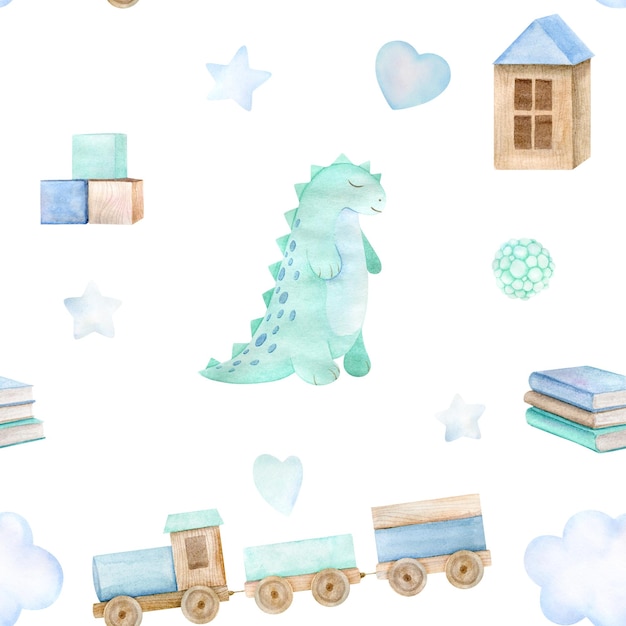 Padrão perfeito de bebê aquarela com nuvens e estrelas de dinossauro de brinquedo de menta