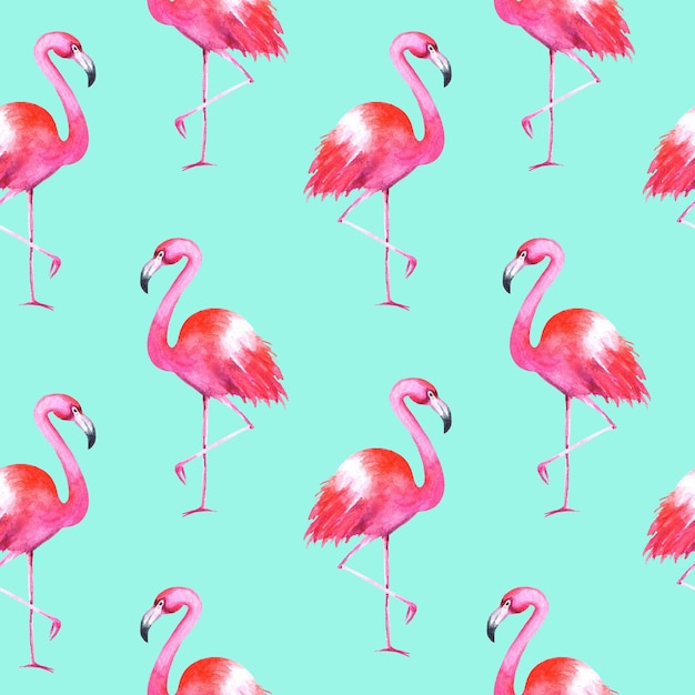 Padrão perfeito de flamingos aquarela desenhados à mão sobre fundo azul