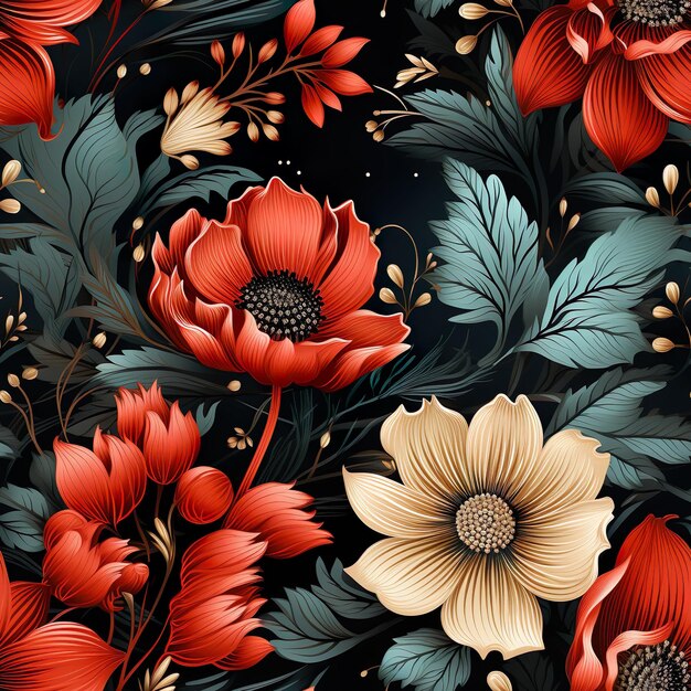 Padrão perfeito de flores fofas pretas e vermelhas