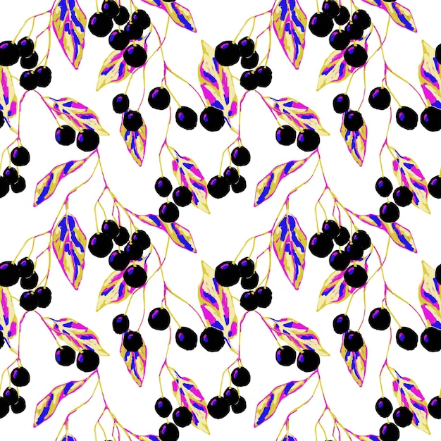 Padrão perfeito de groselha de cereja de pássaro de baga preta Folhas texturizadas coloridas impressão abstrata de repetição