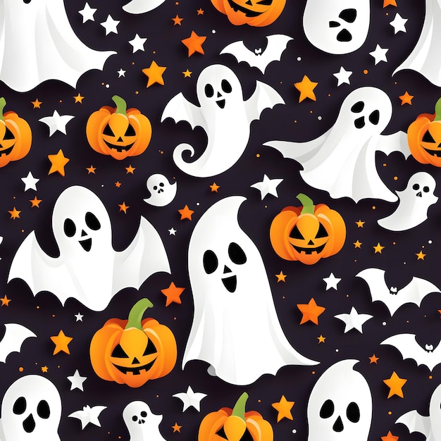 Padrão perfeito de Halloween com fantasmas e abóboras