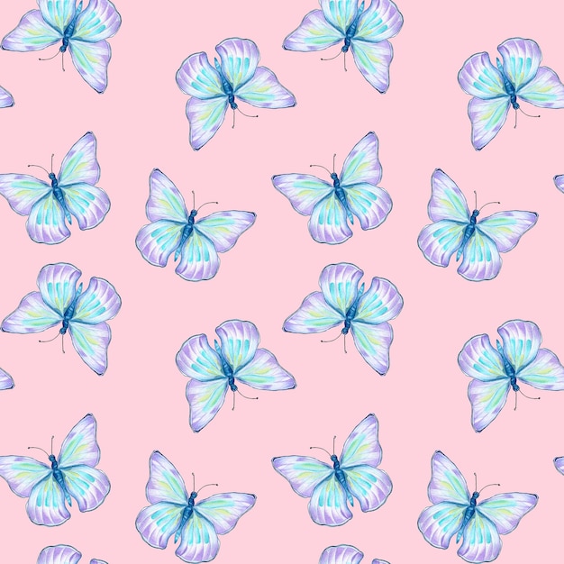 Padrão perfeito de ilustração em aquarela de borboletas azuis de prado em rosa