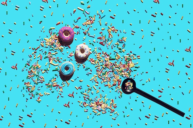 Foto padrão perfeito de luz solar na moda feito de três brinquedos de donut coloridos e polvilhe doces com sombra afiada sobre fundo azul vívido conceito de verão de comida mínima com espaço de cópia