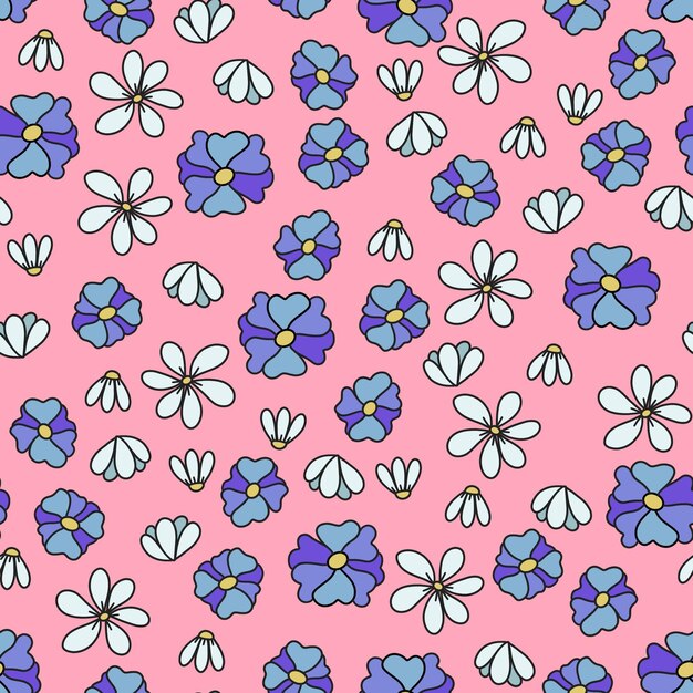 Padrão perfeito de margaridas e flores azuis em estilo doodle em fundo rosa