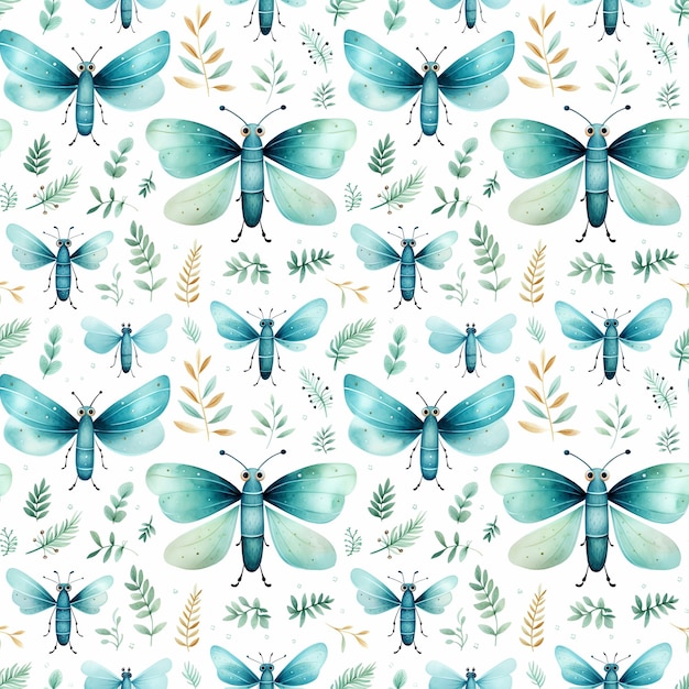 padrão perfeito de mariposas de insetos aquarela bonitos em azul sobre um fundo branco