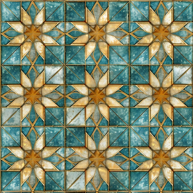 Padrão perfeito de mosaicos de ouro e turquesa com ornamento de estrela