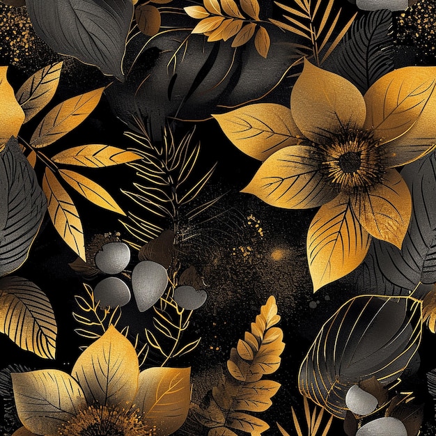 padrão preto e dourado com folhas e flores geradas ai