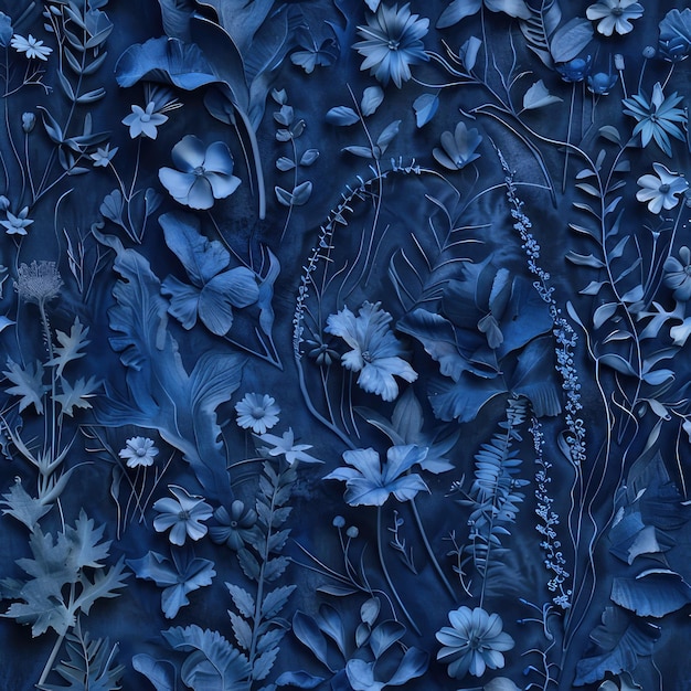 Padrão sem costura azul tonal floral efeitos de várias camadas