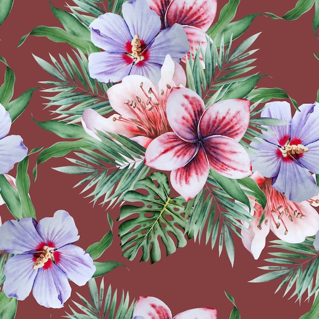 Foto padrão sem costura brilhante com flores hibiscus monstera ilustração em aquarela desenhada à mão