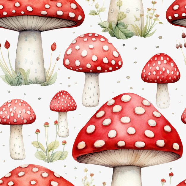 Padrão sem costura com aquarela mosca cogumelos agaric Amanita muscaria