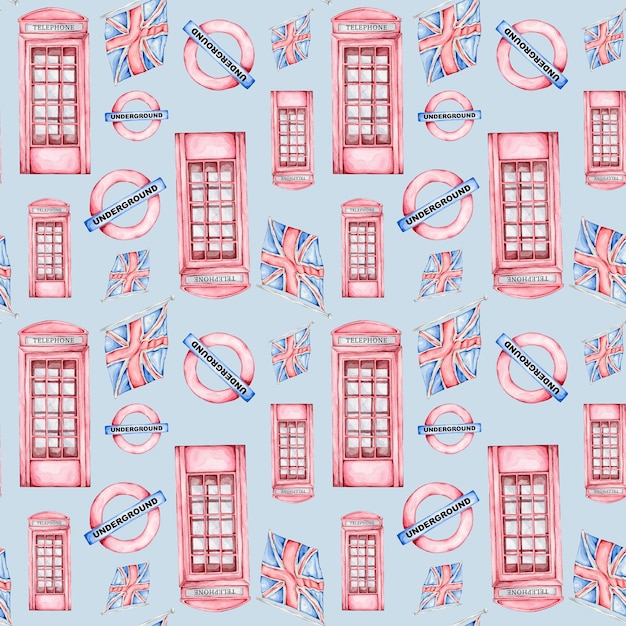 Padrão sem costura com aquarela telefone impulsionar bandeira da Inglaterra e sinal subterrâneo