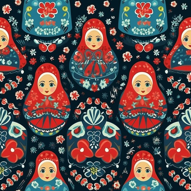 Foto padrão sem costura com bonecas matrias russas e flores generativo ai