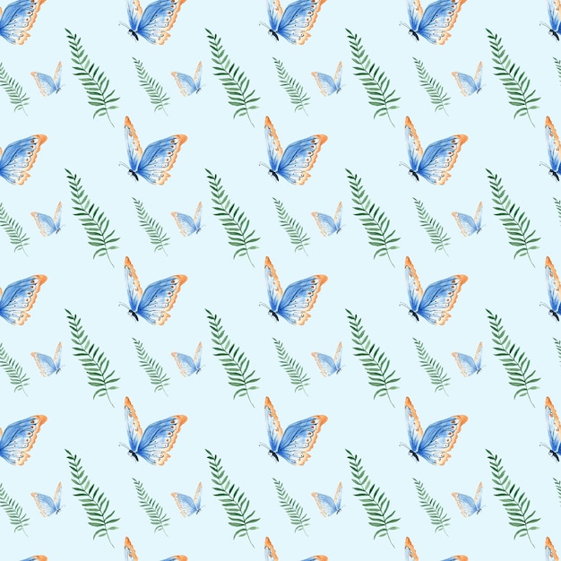 Padrão sem costura com borboleta e plantas em uma ilustração desenhada à mão em aquarela de fundo azul claro para tecido e design têxtil